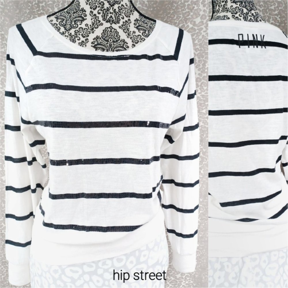 PINK VS Sequin Stripe LS Tee Shirt XS